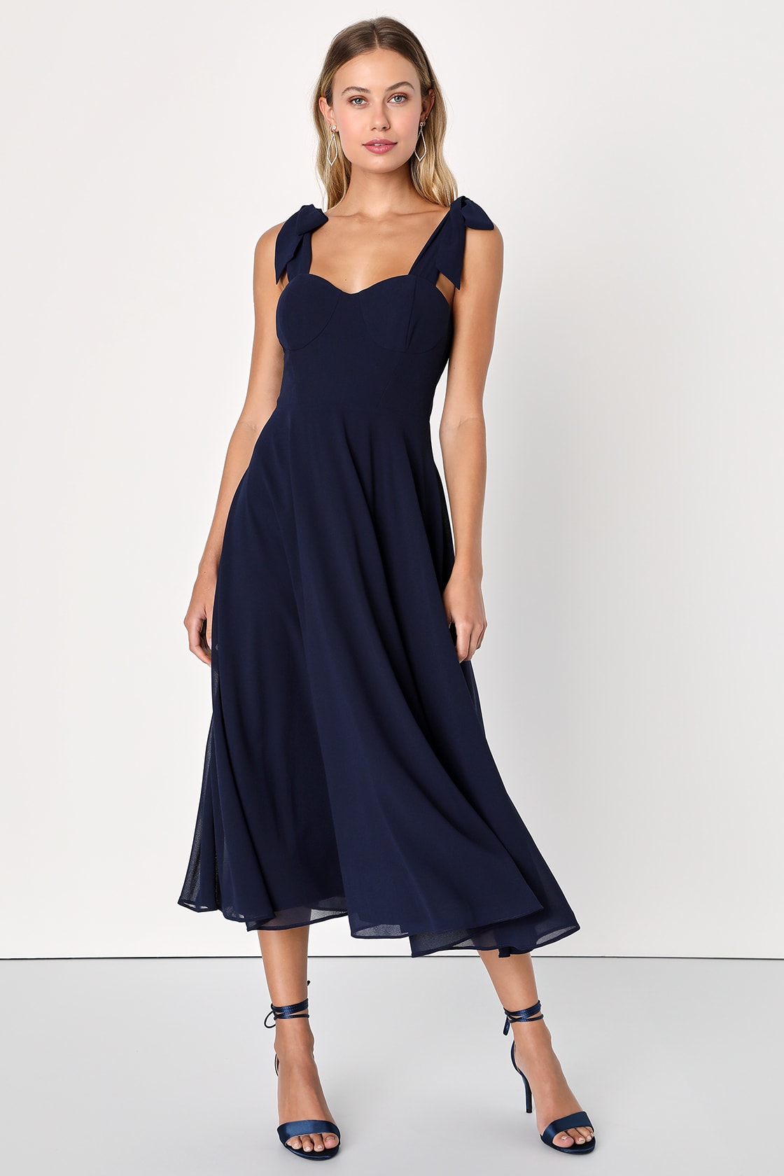 Sophisticated Charisma Navy Blue Tie-Strap A-Line Midi Dress