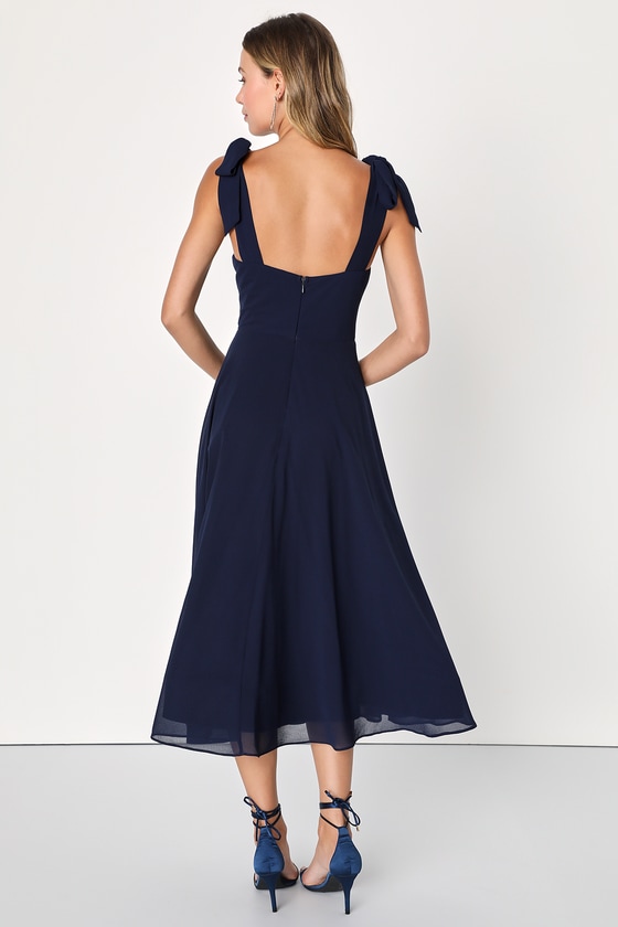 Navy Blue Dress - Tie-Strap Midi Dress - A-Line Midi Dress - Lulus