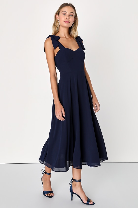 Navy Blue Dress Tie Strap Midi Dress A Line Midi Dress Lulus