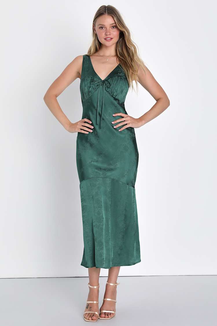 Emerald Satin Dress - Jacquard Midi Dress - Satin Slip Dress - Lulus