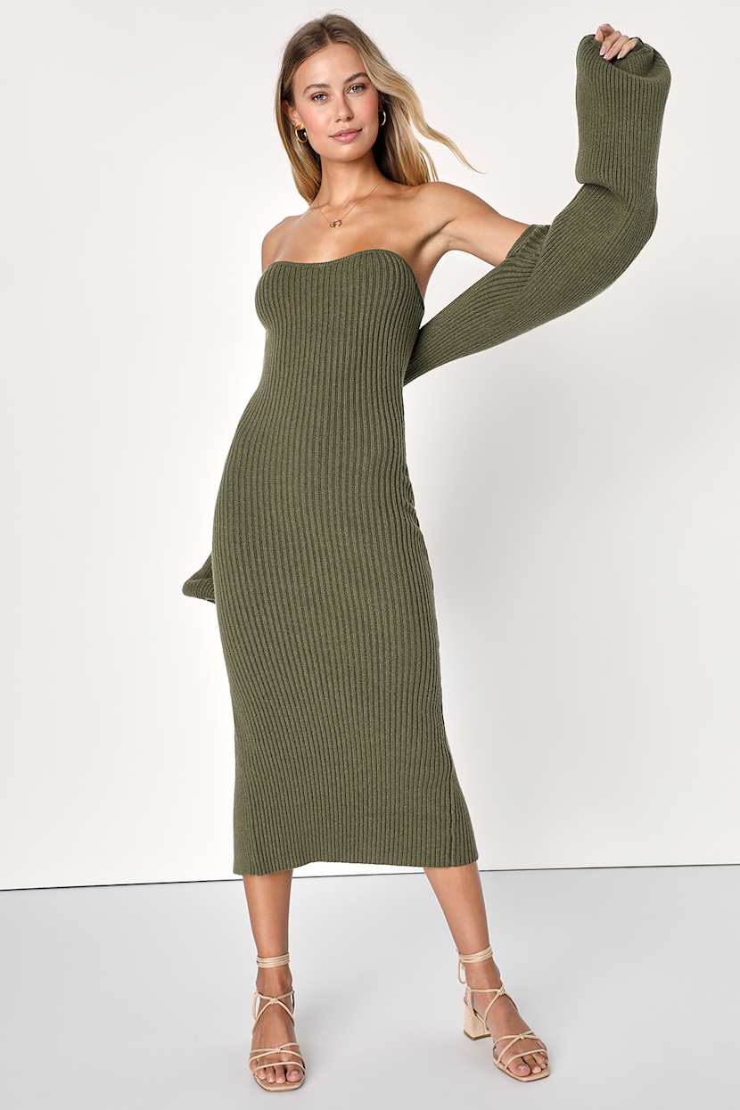 Autumn Aura Olive Green Ribbed Two-Piece Sweater Dress