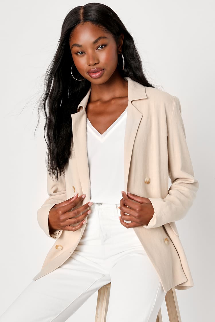 Uptown Aesthetic Beige Linen Belted Double-Breasted Blazer