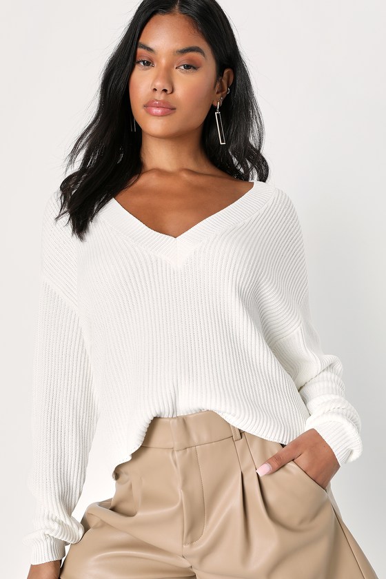 Cute Classic White Knit V-Neck Sweater Top