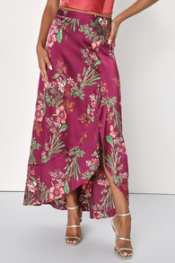 Superbly Stunning Plum Purple Floral Print Satin Maxi Skirt
