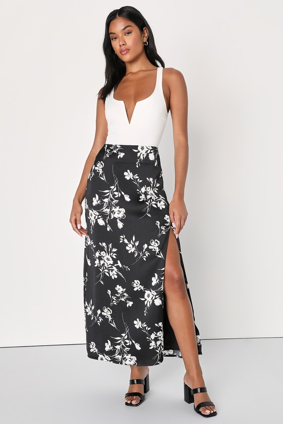 Black Floral Skirt - High-Rise Maxi Skirt - Satin Maxi Skirt - Lulus