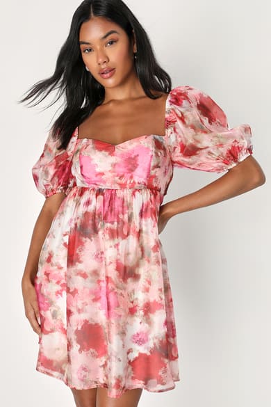 Darling Aura Pink Multi Floral Organza Babydoll Mini Dress