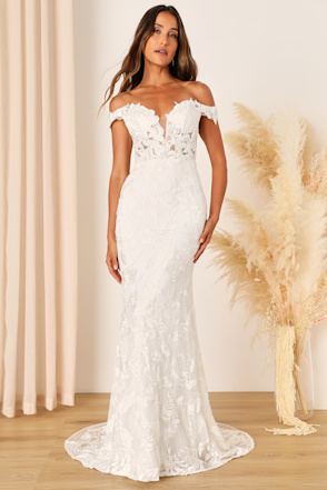 white off shoulder embroidered dress Ivory Floral Embroidered Wedding Dress with Off-Shoulder Sleeves Romantic  Wildflower Prom Dress TKL802