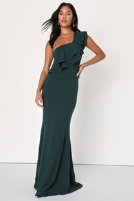 Grand Beauty Emerald Ruffled One-Shoulder Mermaid Maxi Dress