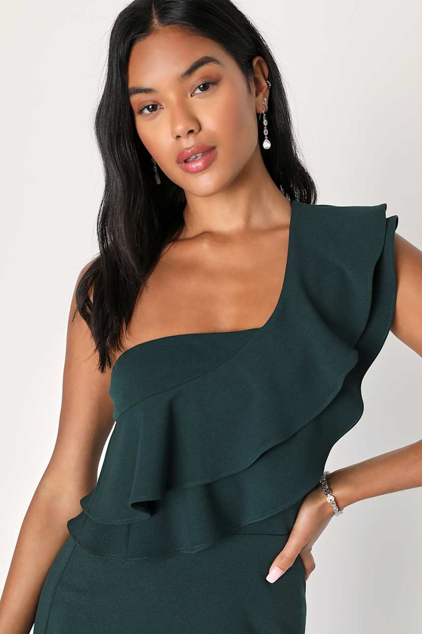 blue dress for baby girl One-Shoulder Long Ruffled Mermaid Prom Dress -PromGirl Black / 4
