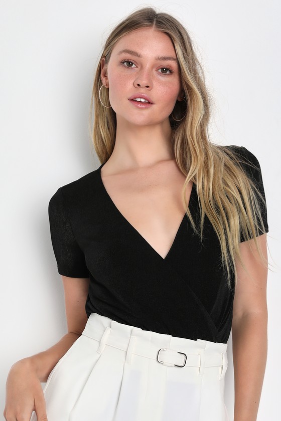 Black Slinky Knit Bodysuit - Short Sleeve Bodysuit - Surplice Top - Lulus
