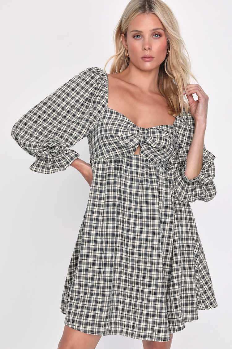 grey plaid mini dress Wren Plaid Ruffle Mini Dress-Grey XL