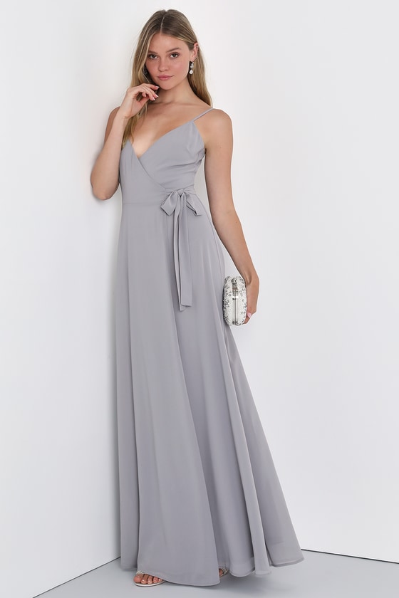 Grey Bridesmaid Dress - Grey Wrap Dress - Surplice Maxi Dress - Lulus