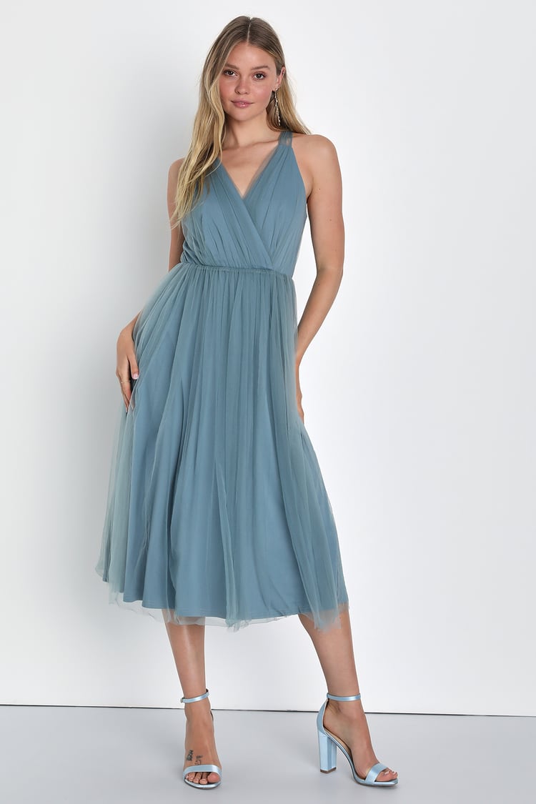 Slate Blue Tulle A-Line Midi Dress | Womens | X-Small (Available in M) | 100% Polyester | Lulus
