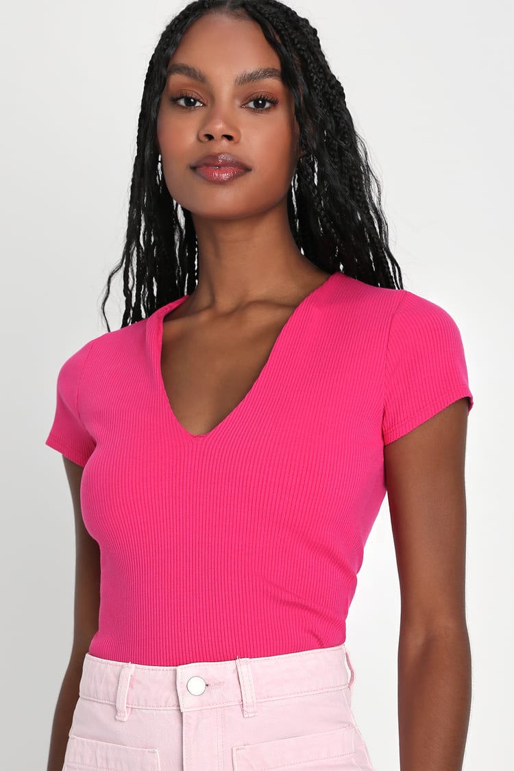 Magenta Ribbed Knit Top - Notched Neck Top - Short Sleeve Top - Lulus