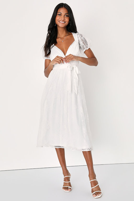 Romantic Prose White Lace Puff Sleeve Midi Skater Dress 1