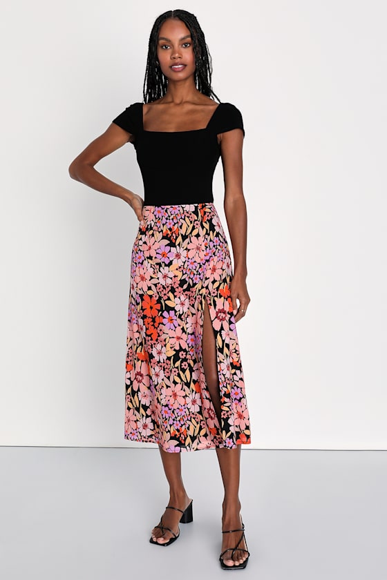 FLORAL PRINT MIDI SKIRT WITH TIE BELT main image 1