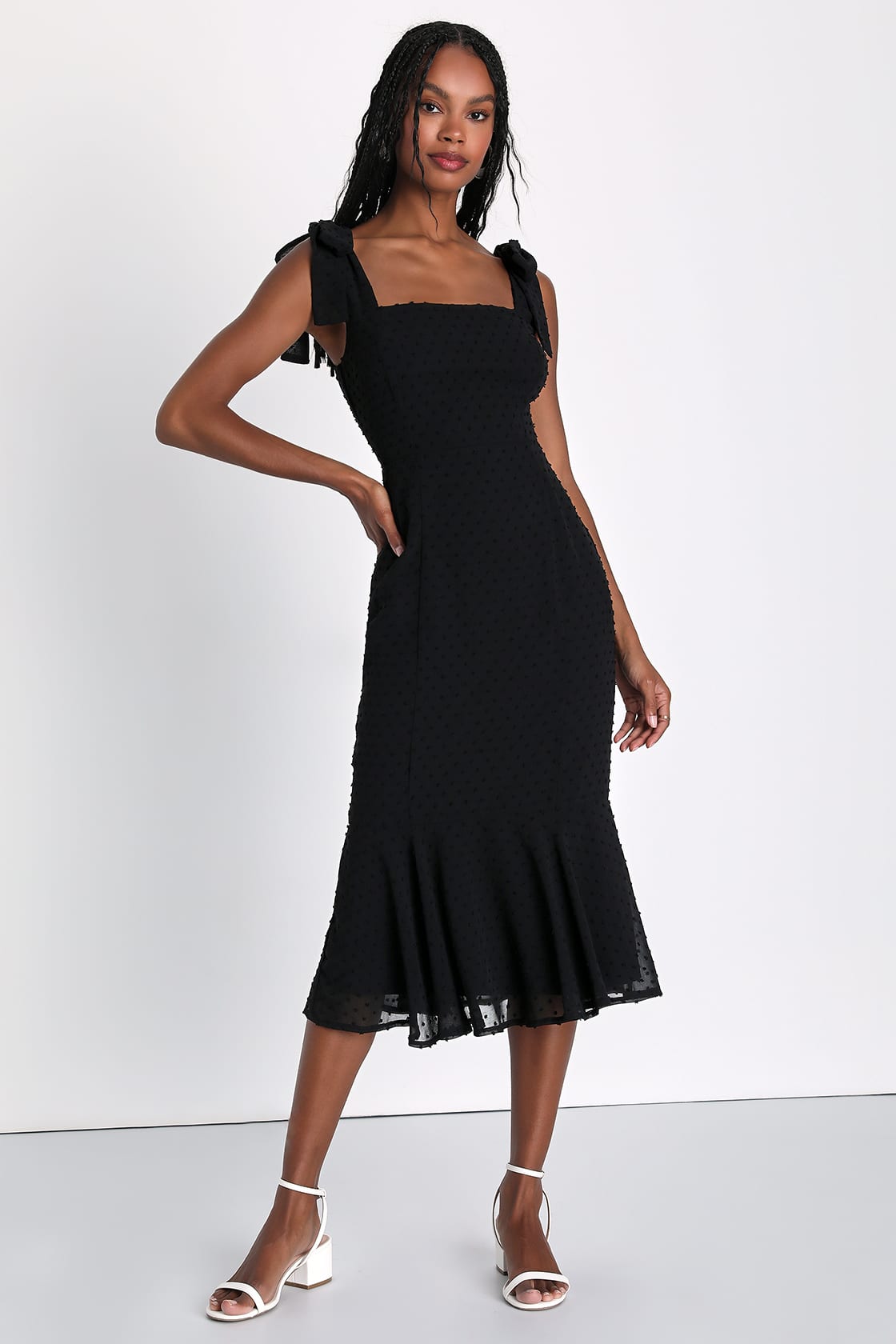 Bimini Black Swiss Dot Tie-Strap Midi Dress