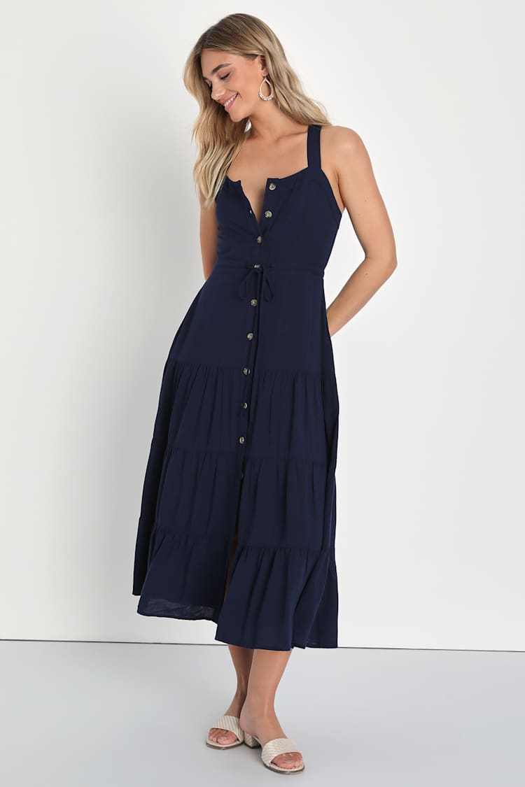 See the City Navy Blue Button-Front Tiered Midi Dress