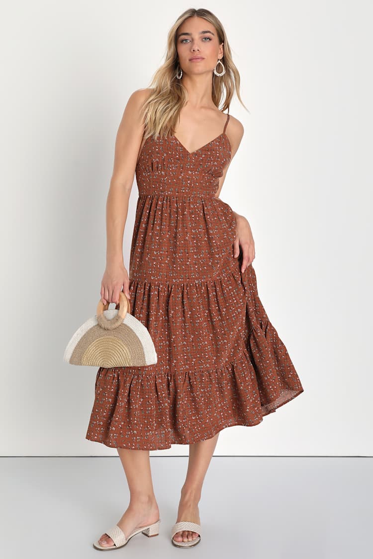 Essentially Adorable Brown Floral Print Tiered Midi Dress