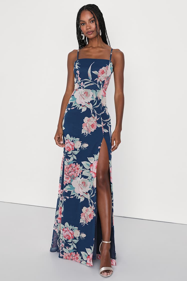 blue floral dress with slit Reagan Blue & White Floral Ruffle Slit Maxi Dress main image 1