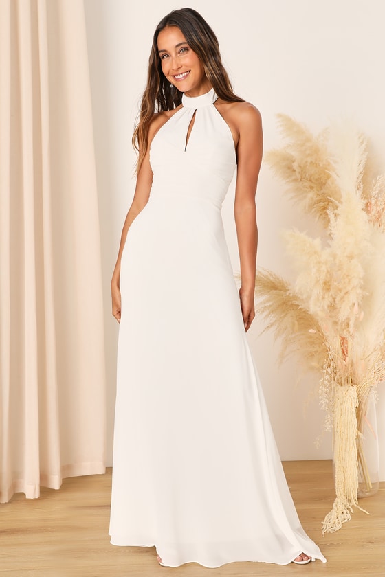 Lulus Elegant Glamour White Pleated Halter Cutout Maxi Dress
