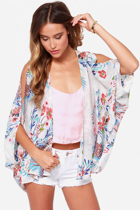 Kimono Top Sleeveless Top Cream Print Top 53.00 Lulus