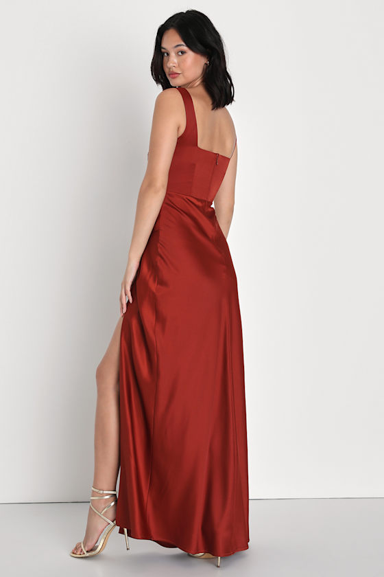 Rust Orange Satin Dress - Draped Maxi Dress - Slit Maxi - Image 4