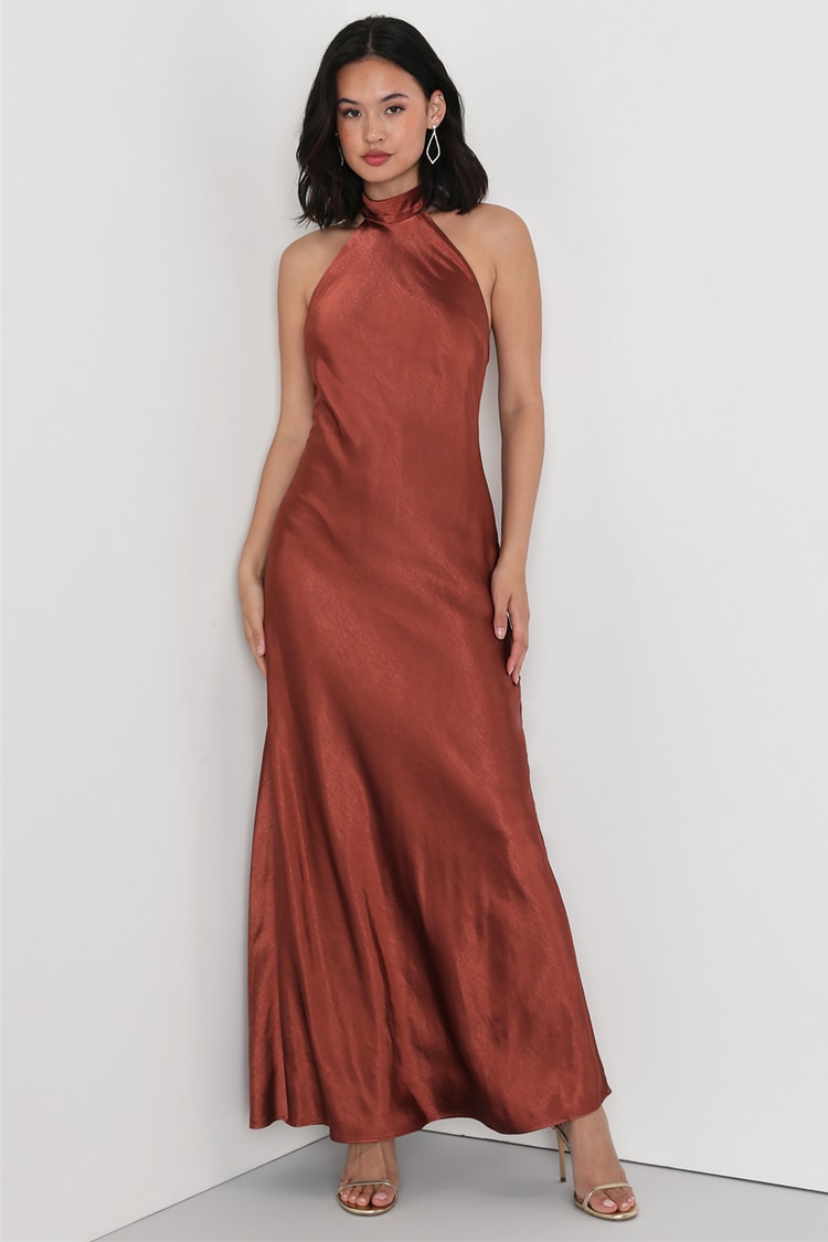 Brown Satin Dress - Satin Maxi Dress - Halter Maxi Dress - Lulus