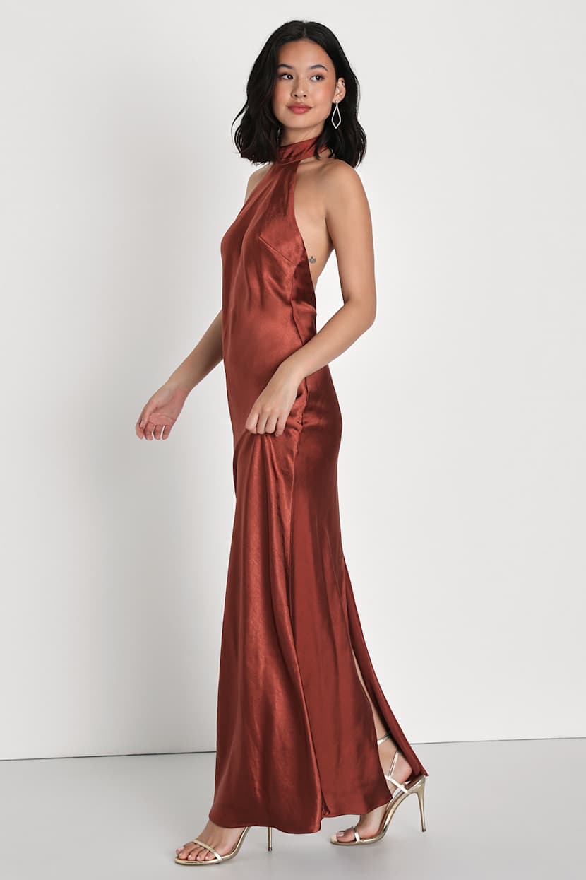 Brown Satin Dress - Satin Maxi Dress - Halter Maxi Dress - Lulus