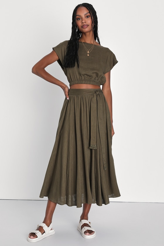 Green Two-Piece Dress - Linen Midi Dress - Short Sleeve Dress - Lulus