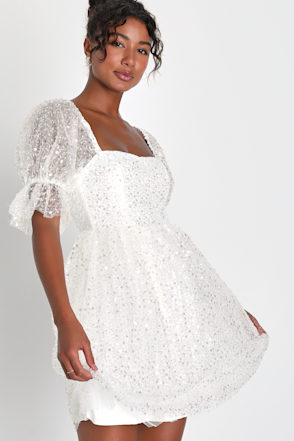 watters sparkler puff sleeve scoop neck sequin embroidered mini dress Ornament Mini Dress By Watters main image 0