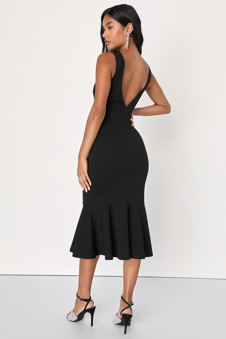 Moment Maker Black Square Neck Trumpet Midi Dress