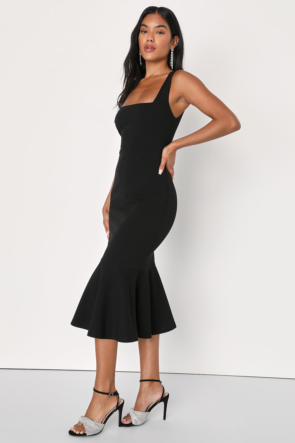 Moment Maker Black Square Neck Trumpet Midi Dress