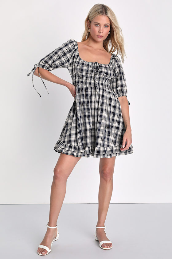 Countryside Blue Plaid Long Sleeve Ruffle Hem Dress