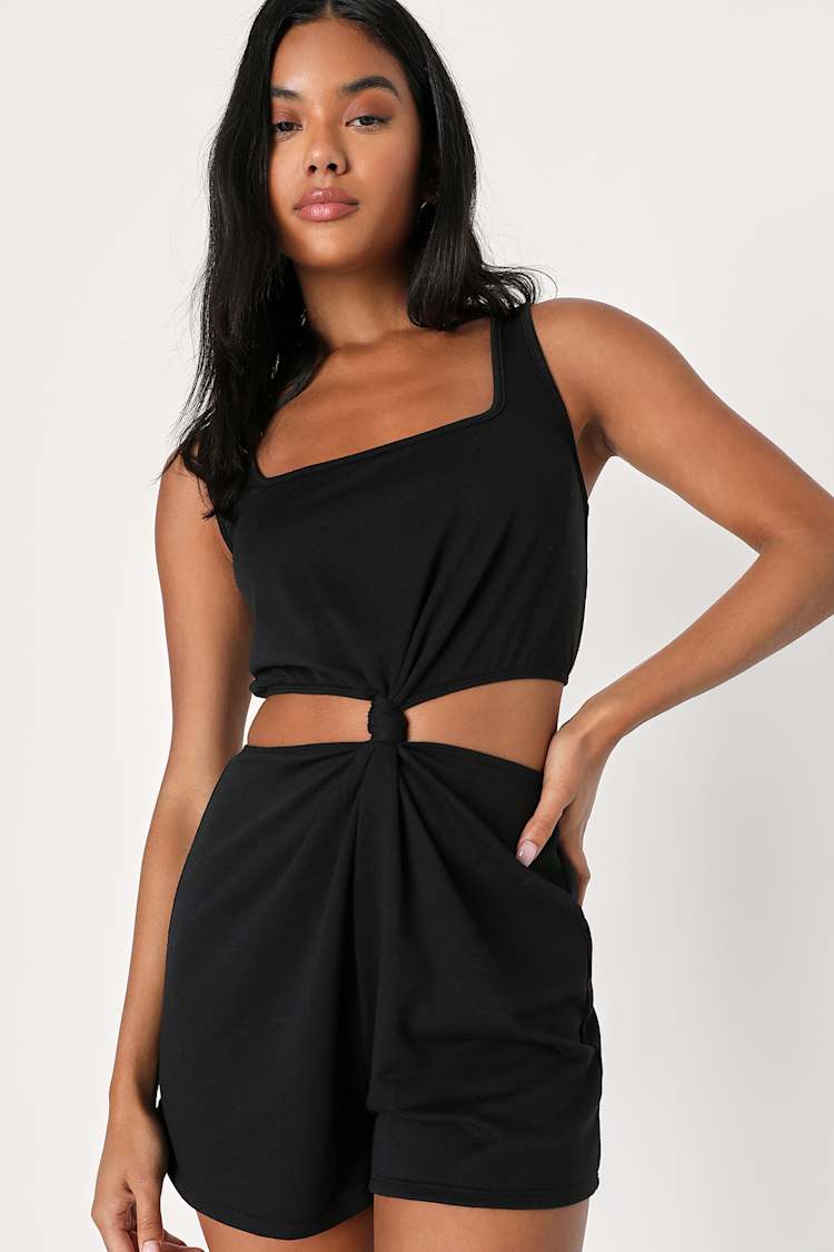 Black Knot-Front Romper - Cutout Romper - Terry Knit Romper - Lulus