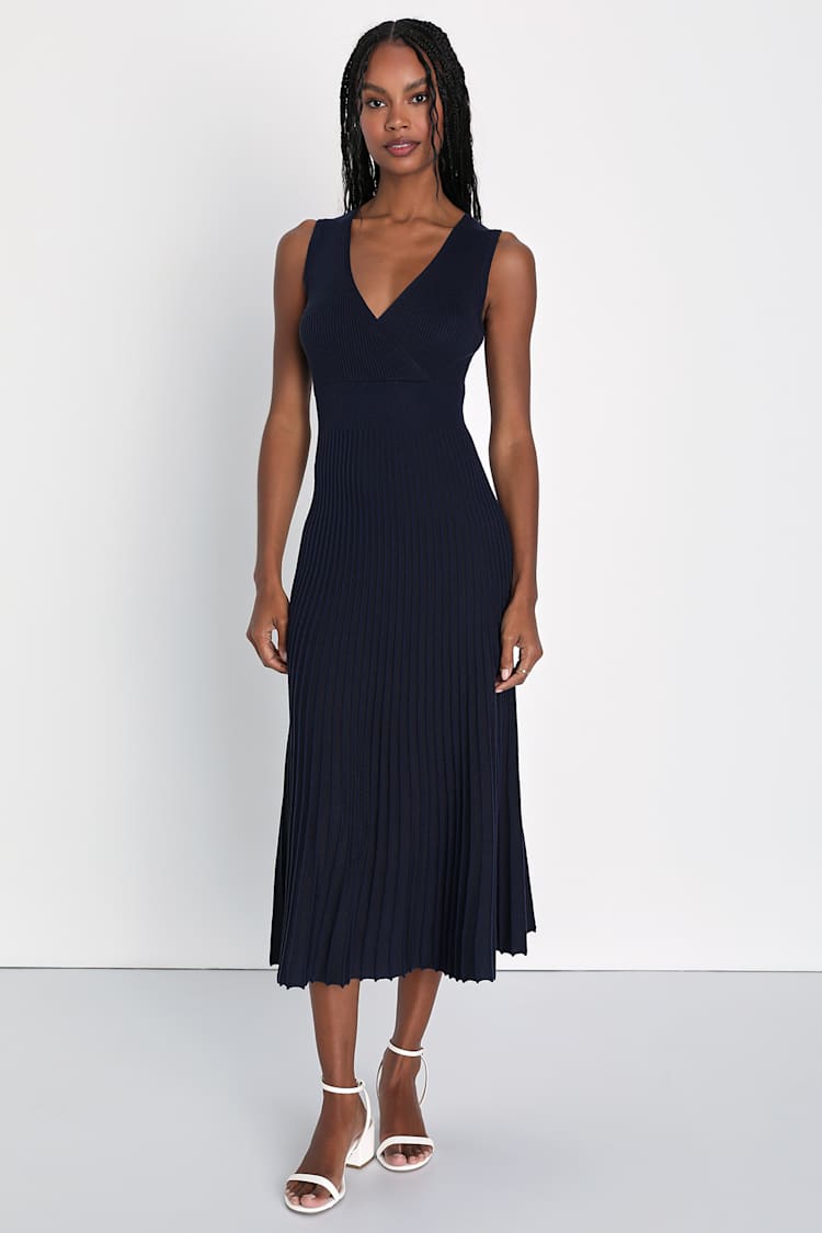 knee length dresses for ladies Mocha Ribbed Knit Pleated Midi Dress