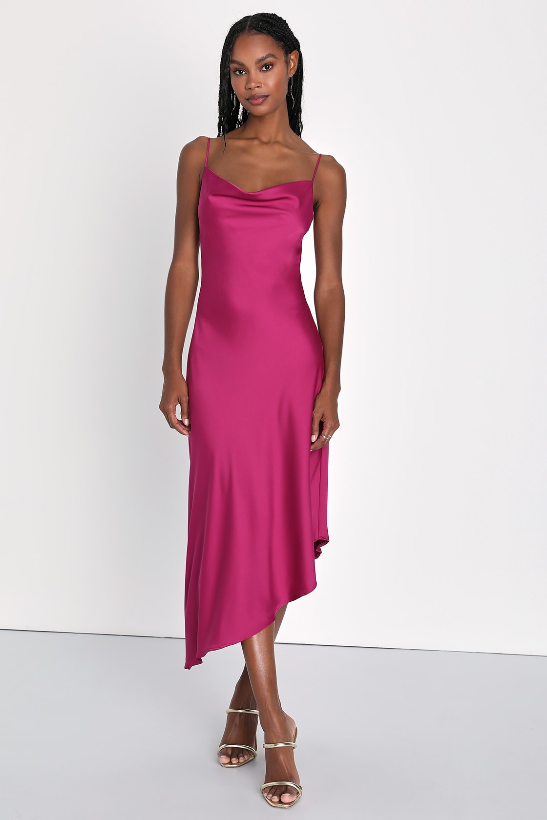 Iconic Stunner Magenta Satin Cowl Neck Asymmetrical Midi Dress