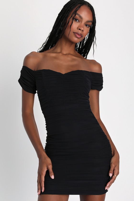 Black Mesh Bodycon Dress - Ruched OTS Dress - Sexy Mini Dress - Lulus