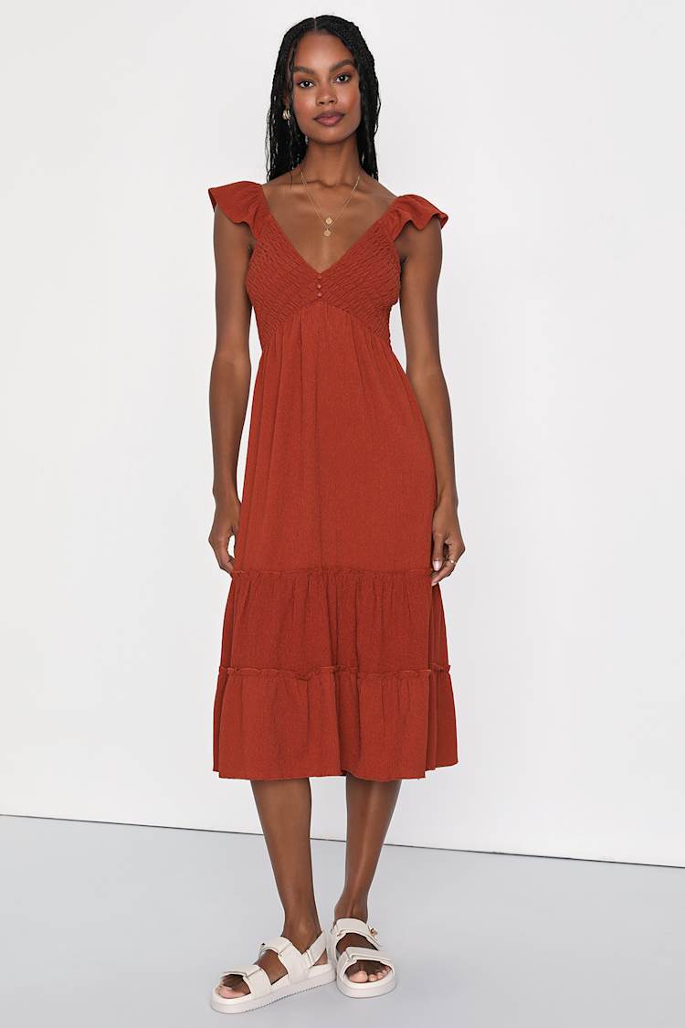 Rust Orange Midi Dress - Smocked Tiered Dress - Button Midi Dress - Lulus