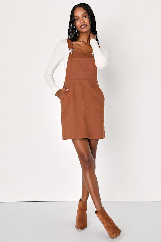 Brown Overall Mini Dress Twill Overall Dress Brown Dress Lulus