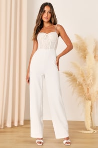 Eloquently Enticing White and Beige Lace Bustier Jumpsuit