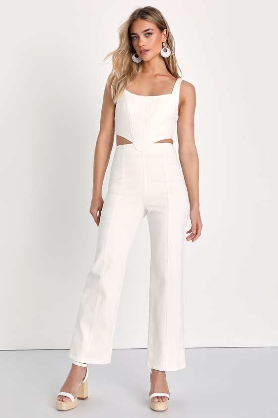 Lulus Perfect Icon Ivory Bustier Cutout Straight Leg Denim Jumpsuit