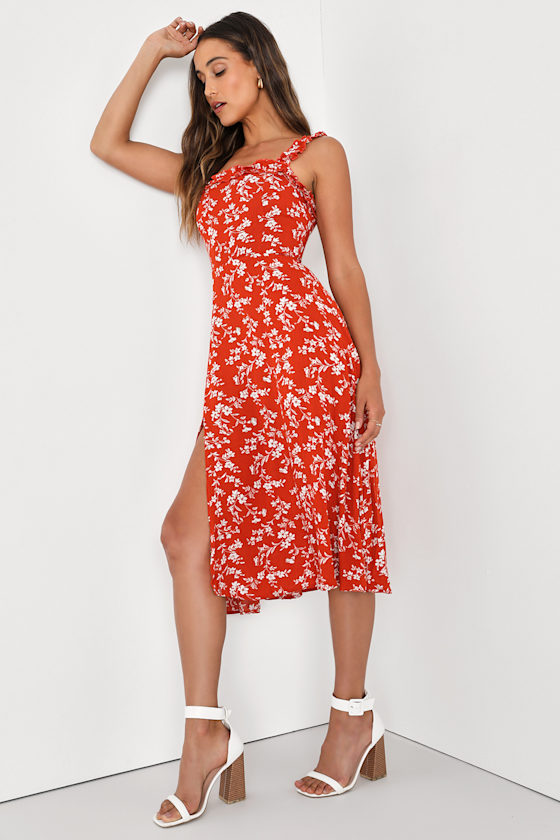 Garden Date Red Orange Floral Print Ruffle Midi Dress 8