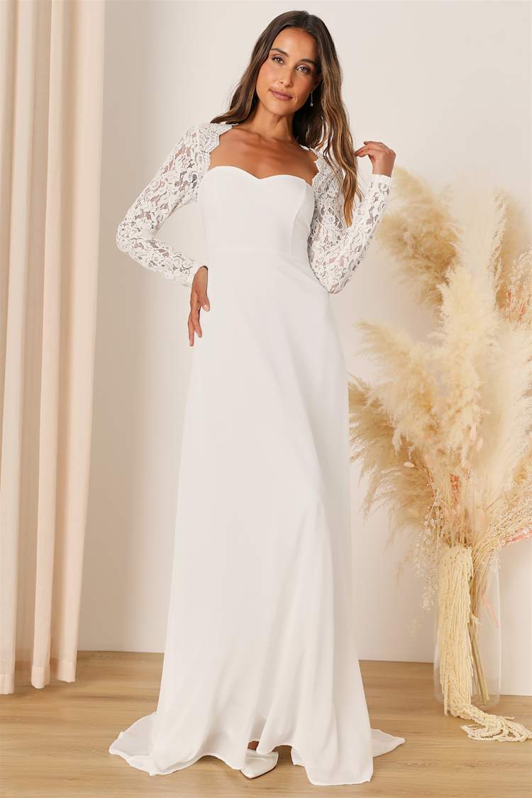 White Lace Long Sleeve Dress - Backless Maxi Dress - Lace Dress
