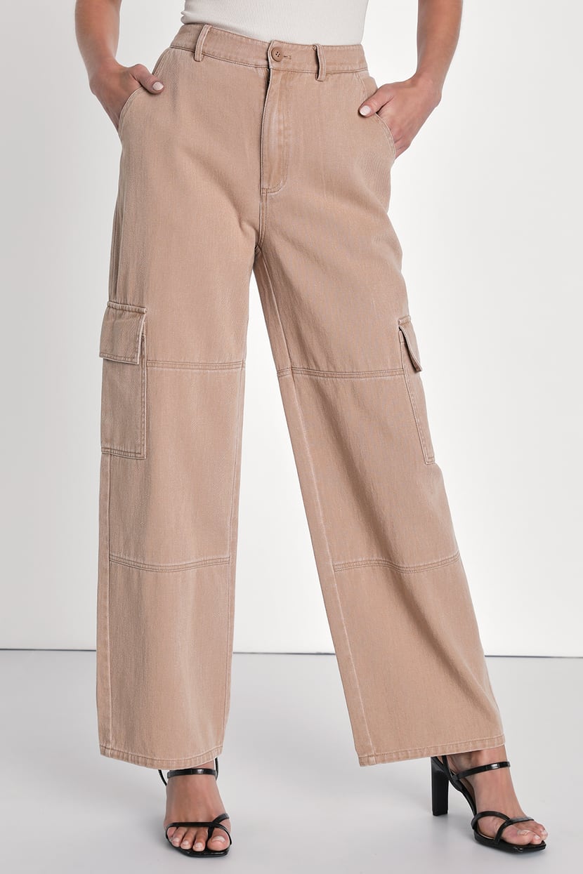 Trendy Pursuit Tan High-Rise Straight Leg Cargo Pants
