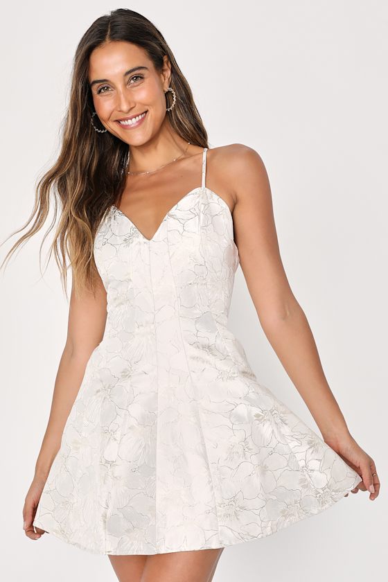 Shining Brightly Ivory and Gold Floral Jacquard Mini Dress 8
