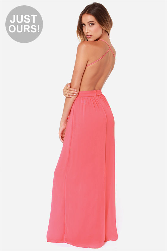 LULUS Exclusive Rooftop Garden Backless Coral Maxi Dress 1
