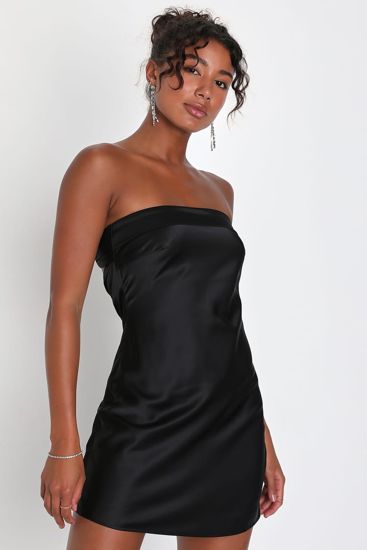 Exquisite Approach Black Satin Strapless Cowl Back Mini Dress