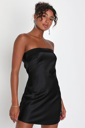 Sexy Black Satin Dress - Strapless Mini Dress - Cowl Back Dress