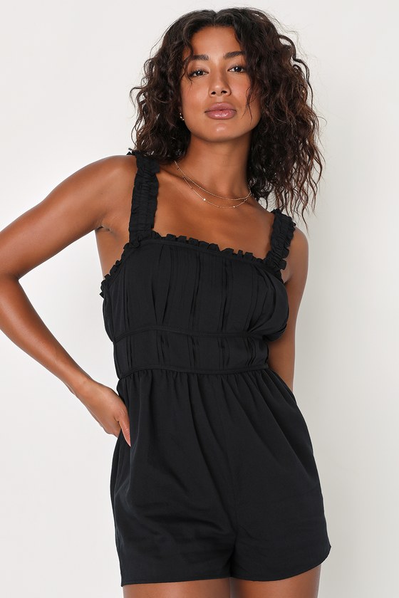 Black Sleeveless Romper - Ruffled Romper - Pleated Romper - Lulus